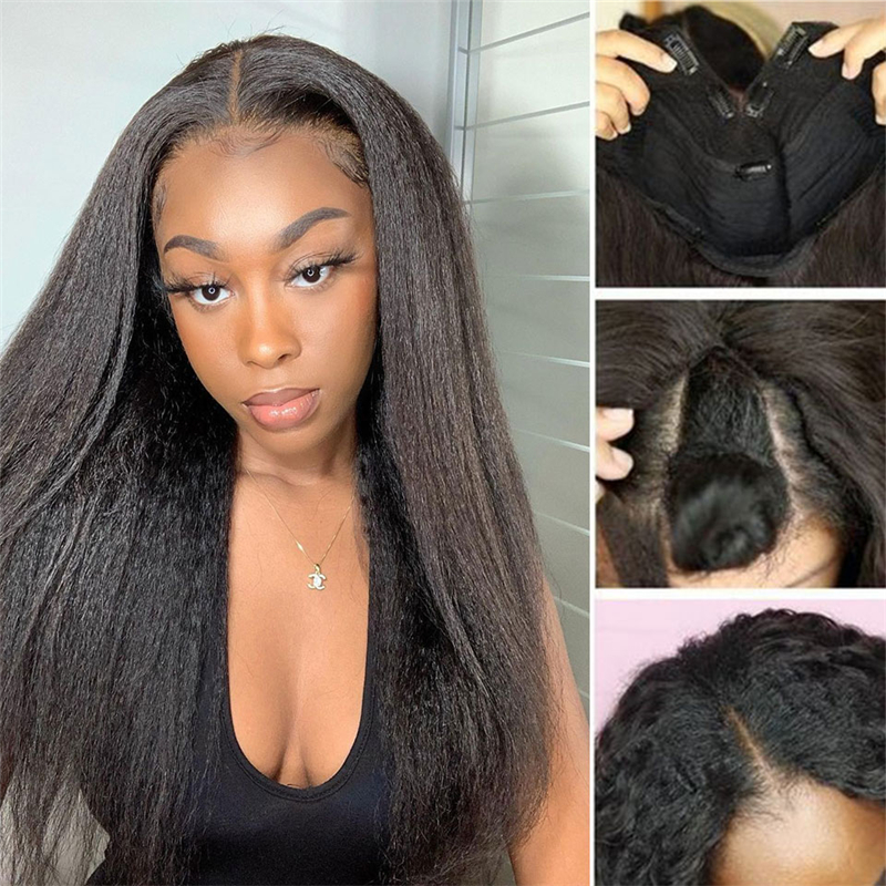 Virgin Human Hair Kinky Straight V Part Wigs - 图片 2